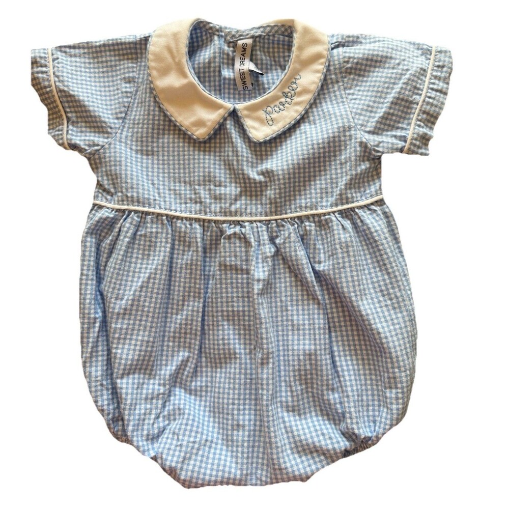 Sweet Dreams Boys Blue Gingham Bubble Romper Monogrammed Parker Sz 9 Mo